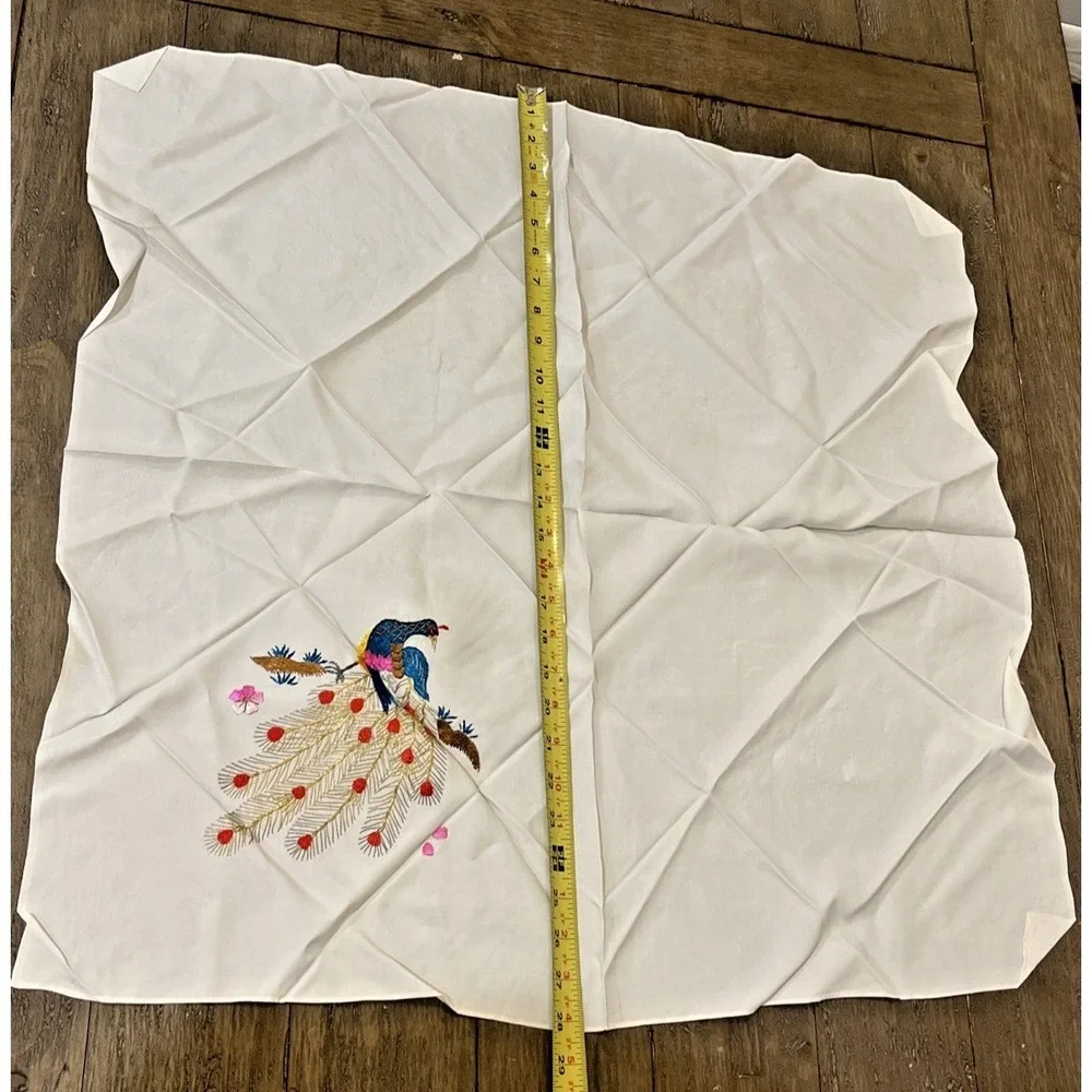 Vintage Embroidered Peacock Scarf White Square Scarf 28